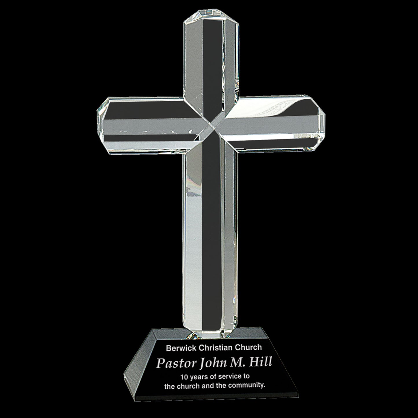 8 1/2" Crystal Cross on Black Pedestal Base on black background