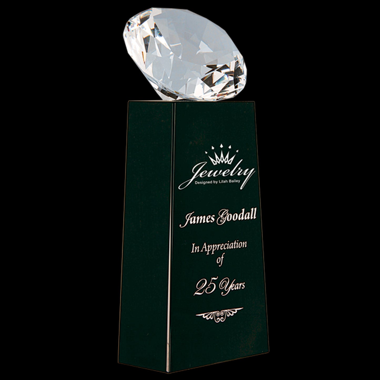 7 3/4" Crystal Diamond on Black Crystal Pedestal on Black Background